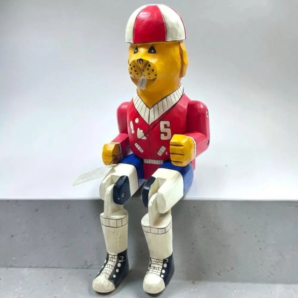 Vintage 90s Wooden Handmade Toy Dog Shelf Sitter 14” Letterman Jacket Baseball
